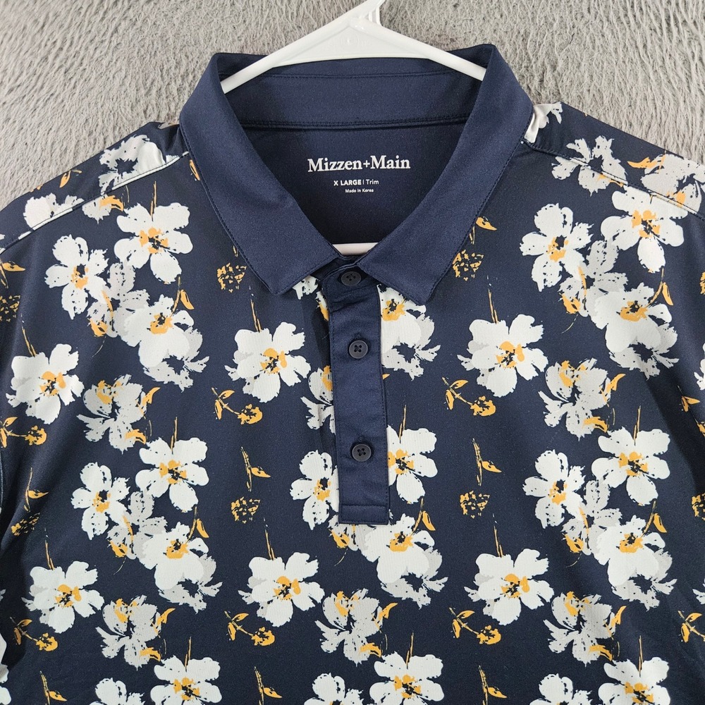 Mizzen+Main Mens XL Trim Fit Floral Performance Polo Shirt Navy‎ Blue Short Slv